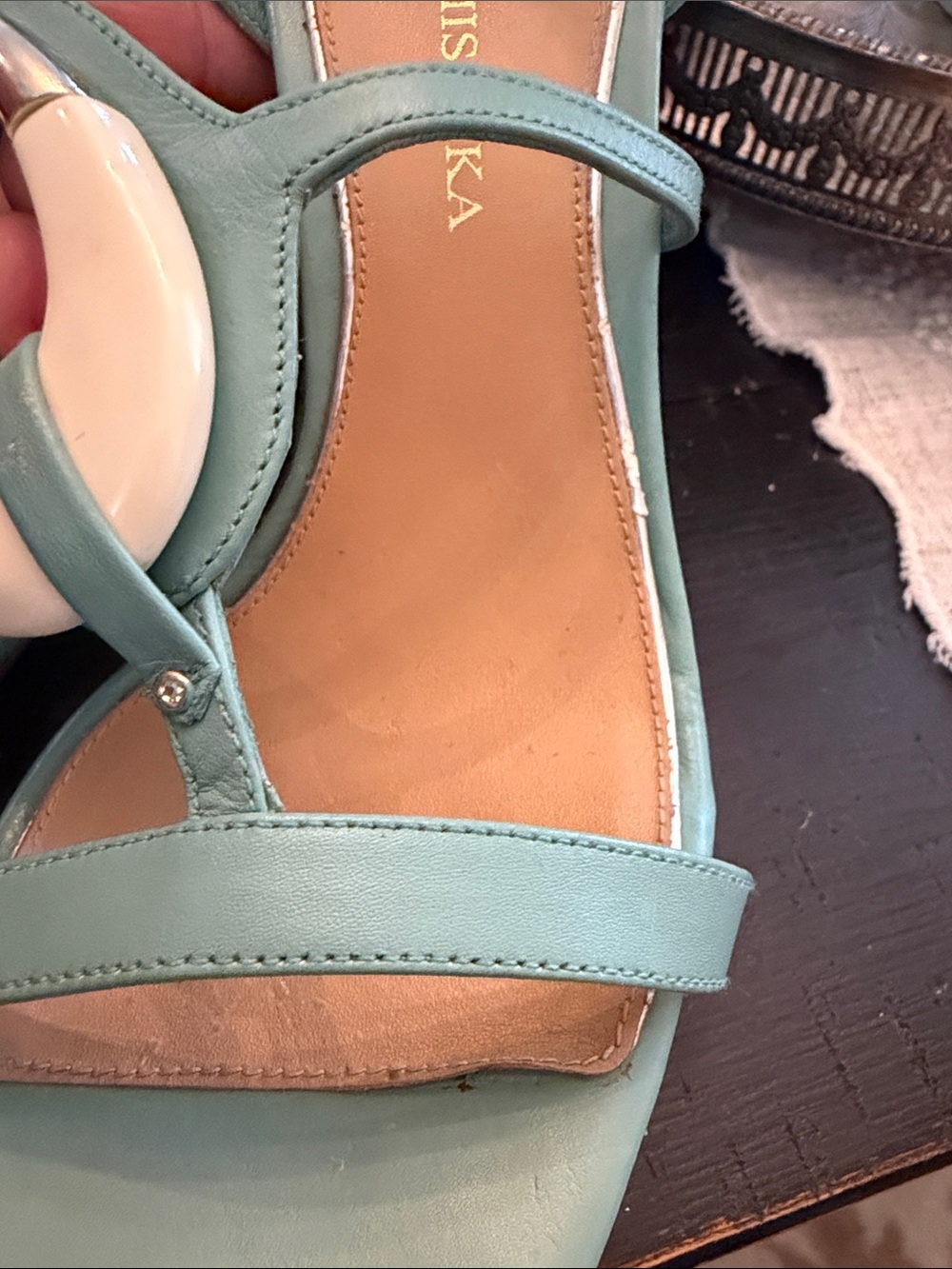 Badgley Mischka Sage Green Leather T-Strap Wedge Sandals with Cream Accent - Picture 8 of 10